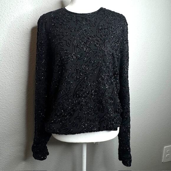 Elevated Luxurious Black Beaded Shimmering Top Sz Large - Picture 1 of 16